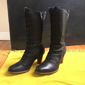 Ugg black leather lace up heel boots wood heel